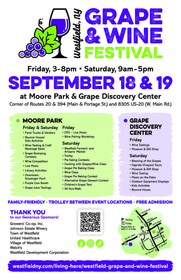 2026 Westfield Grape and Wine Festival poster: Moore Park and Grape Discovery Center schedules, parking map, and sponsors
